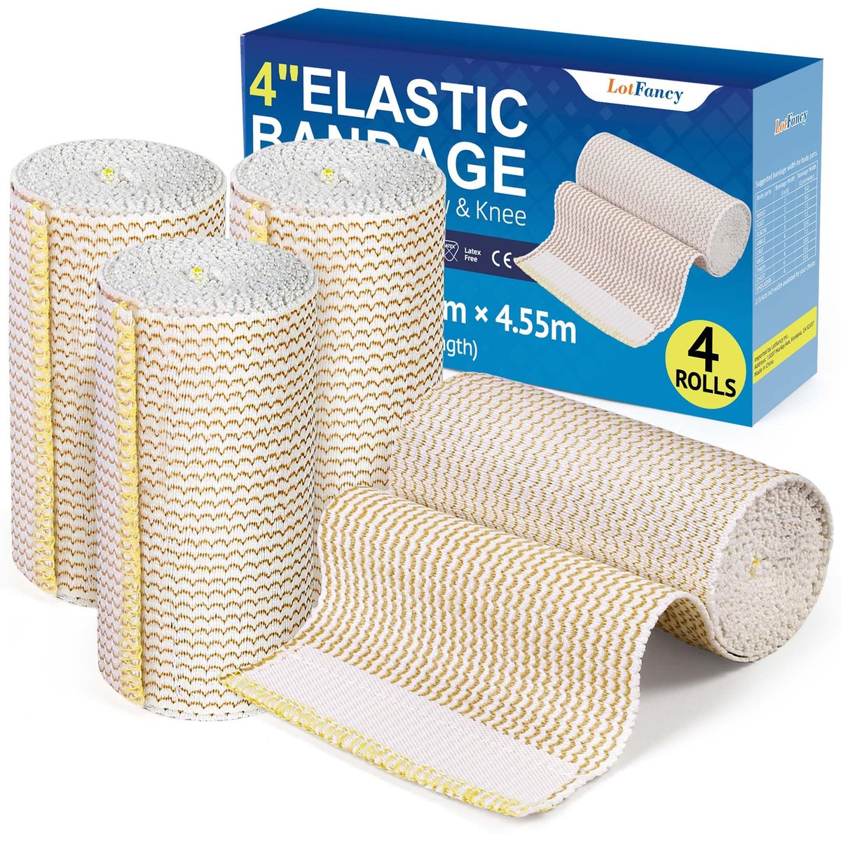 LotFancy Elastische Binden 4er-Pack, 4 Zoll Baumwoll-Kompressionsbinde, Selbsthaftend an beiden Enden, Medizinische Wickel für Knöchel, Knie, Beine, Fuß, Handgelenke, Unterstützung & Erste Hilfe bei Verletzungen, Sport