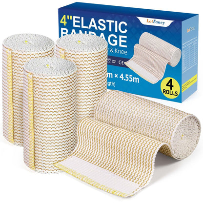 LotFancy Elastische Binden 4er-Pack, 4 Zoll Baumwoll-Kompressionsbinde, Selbsthaftend an beiden Enden, Medizinische Wickel für Knöchel, Knie, Beine, Fuß, Handgelenke, Unterstützung & Erste Hilfe bei Verletzungen, Sport