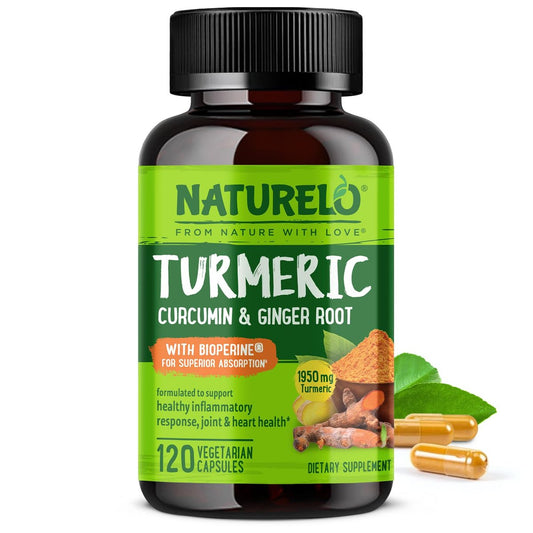 NATURELO Curcumin mit BioPerin – Kurkuma & Ingwerwurzel, pflanzliche Gelenkunterstützung, 120 vegane Kapseln