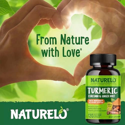 NATURELO Curcumin mit BioPerin – Kurkuma & Ingwerwurzel, pflanzliche Gelenkunterstützung, 120 vegane Kapseln