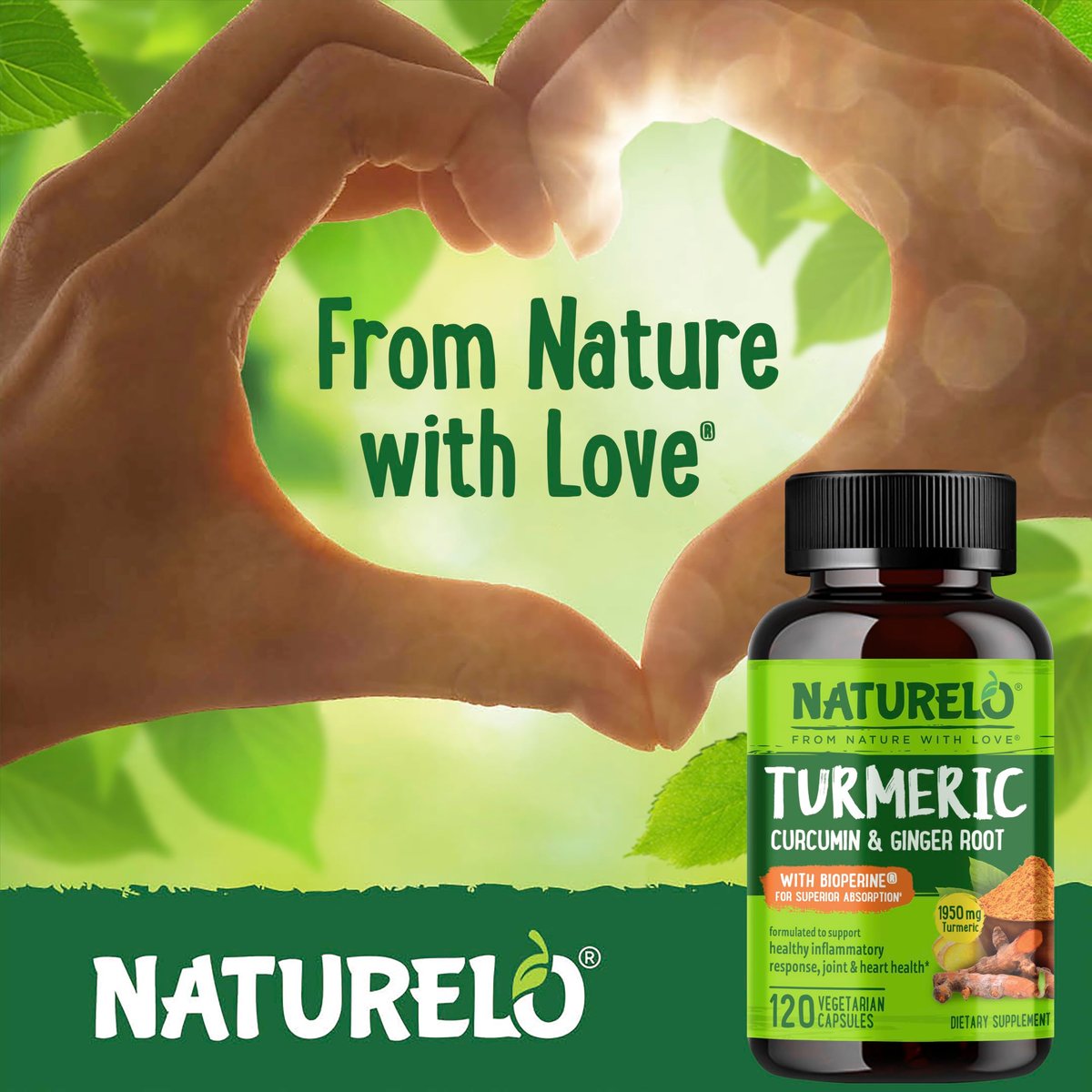 NATURELO Curcumin mit BioPerin – Kurkuma & Ingwerwurzel, pflanzliche Gelenkunterstützung, 120 vegane Kapseln