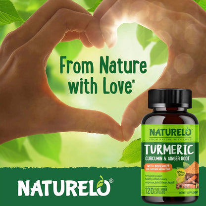 NATURELO Curcumin mit BioPerin – Kurkuma & Ingwerwurzel, pflanzliche Gelenkunterstützung, 120 vegane Kapseln
