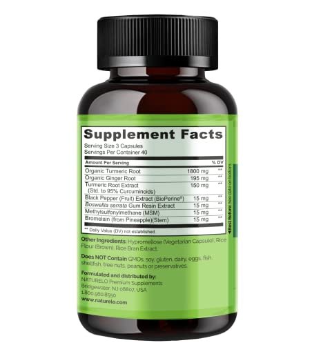 NATURELO Curcumin mit BioPerin – Kurkuma & Ingwerwurzel, pflanzliche Gelenkunterstützung, 120 vegane Kapseln