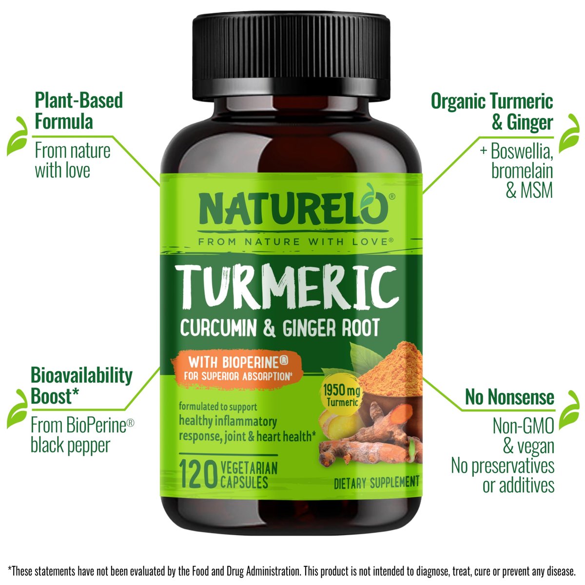 NATURELO Curcumin mit BioPerin – Kurkuma & Ingwerwurzel, pflanzliche Gelenkunterstützung, 120 vegane Kapseln