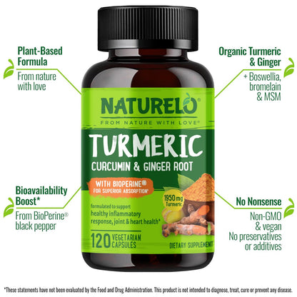 NATURELO Curcumin mit BioPerin – Kurkuma & Ingwerwurzel, pflanzliche Gelenkunterstützung, 120 vegane Kapseln