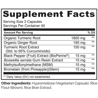 NATURELO Curcumin mit BioPerin – Kurkuma & Ingwerwurzel, pflanzliche Gelenkunterstützung, 120 vegane Kapseln