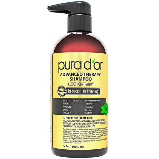PURA D'OR 16 oz Advanced Therapy Shampoo – Reduziert Haarausfall & Erhöht Volumen, Sulfatfreies Biotin-Shampoo mit Arganöl & Aloe Vera für alle Haartypen, Männer & Frauen