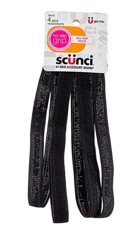 SCUNCI - Antirutsch-Haarbänder Schwarz 1,5 cm - 4er-Pack