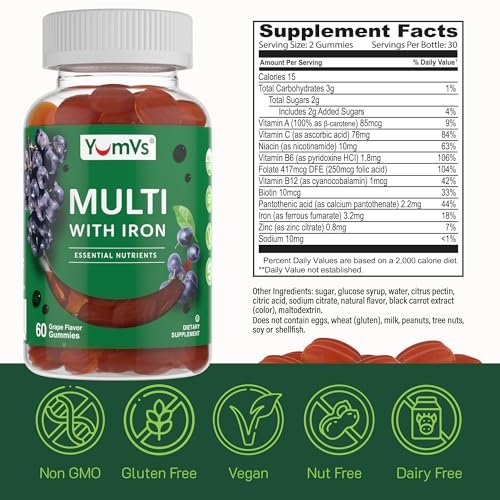 YUM-V'S Eisen-Gummibärchen - Multivitamin-Ergänzung mit Eisen, Vitamin C, A, B & Zink, unterstützt den Sauerstofftransport im Blut, vegane Nahrungsergänzung für Frauen, Männer & Kinder für Wachstum und Entwicklung - Traubengeschmack | 60 Stück