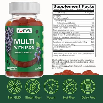 YUM-V'S Eisen-Gummibärchen - Multivitamin-Ergänzung mit Eisen, Vitamin C, A, B & Zink, unterstützt den Sauerstofftransport im Blut, vegane Nahrungsergänzung für Frauen, Männer & Kinder für Wachstum und Entwicklung - Traubengeschmack | 60 Stück