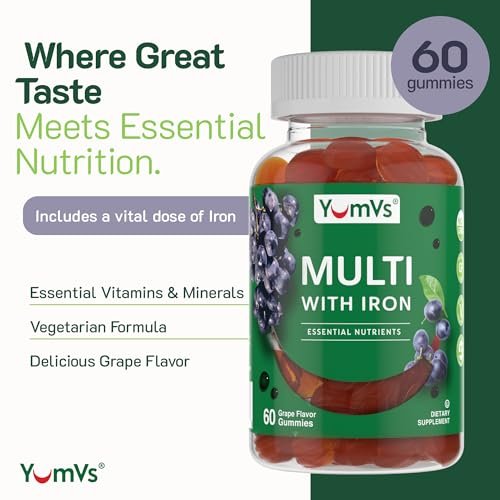 YUM-V'S Eisen-Gummibärchen - Multivitamin-Ergänzung mit Eisen, Vitamin C, A, B & Zink, unterstützt den Sauerstofftransport im Blut, vegane Nahrungsergänzung für Frauen, Männer & Kinder für Wachstum und Entwicklung - Traubengeschmack | 60 Stück