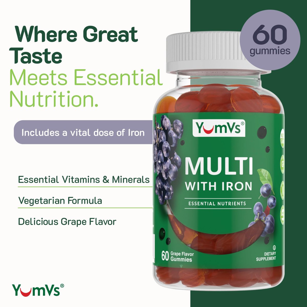 YUM-V'S Eisen-Gummibärchen - Multivitamin-Ergänzung mit Eisen, Vitamin C, A, B & Zink, unterstützt den Sauerstofftransport im Blut, vegane Nahrungsergänzung für Frauen, Männer & Kinder für Wachstum und Entwicklung - Traubengeschmack | 60 Stück