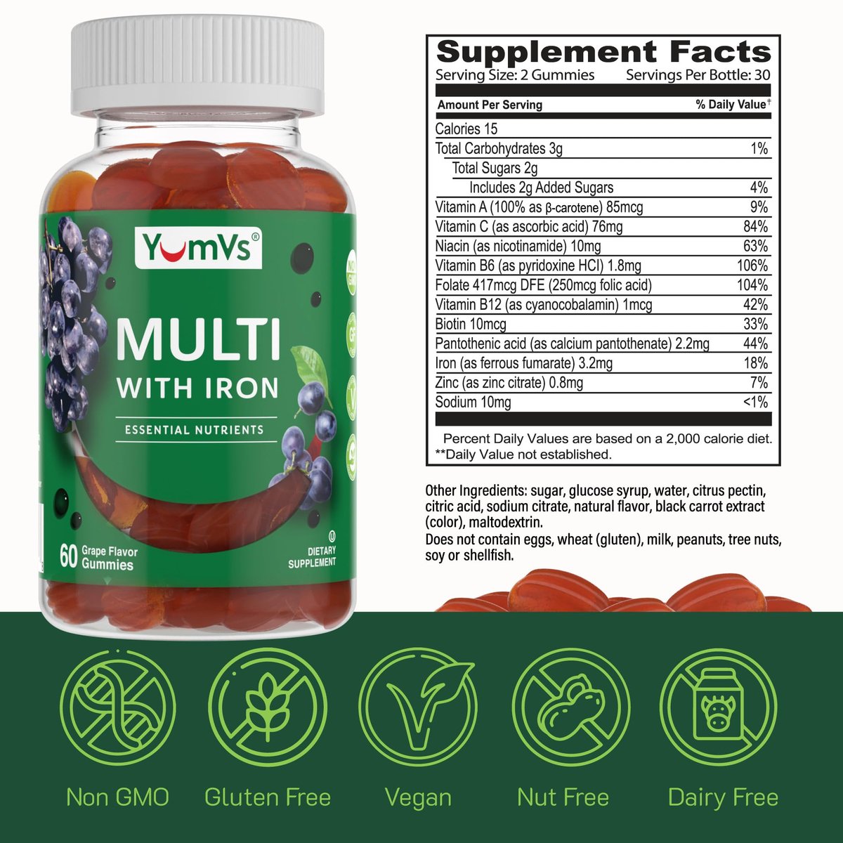 YUM-V'S Eisen-Gummibärchen - Multivitamin-Ergänzung mit Eisen, Vitamin C, A, B & Zink, unterstützt den Sauerstofftransport im Blut, vegane Nahrungsergänzung für Frauen, Männer & Kinder für Wachstum und Entwicklung - Traubengeschmack | 60 Stück