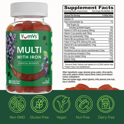 YUM-V'S Eisen-Gummibärchen - Multivitamin-Ergänzung mit Eisen, Vitamin C, A, B & Zink, unterstützt den Sauerstofftransport im Blut, vegane Nahrungsergänzung für Frauen, Männer & Kinder für Wachstum und Entwicklung - Traubengeschmack | 60 Stück