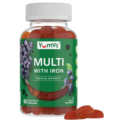 YUM-V'S Eisen-Gummibärchen - Multivitamin-Ergänzung mit Eisen, Vitamin C, A, B & Zink, unterstützt den Sauerstofftransport im Blut, vegane Nahrungsergänzung für Frauen, Männer & Kinder für Wachstum und Entwicklung - Traubengeschmack | 60 Stück