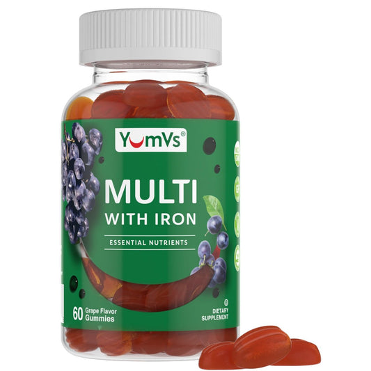 YUM-V'S Eisen-Gummibärchen - Multivitamin-Ergänzung mit Eisen, Vitamin C, A, B & Zink, unterstützt den Sauerstofftransport im Blut, vegane Nahrungsergänzung für Frauen, Männer & Kinder für Wachstum und Entwicklung - Traubengeschmack | 60 Stück