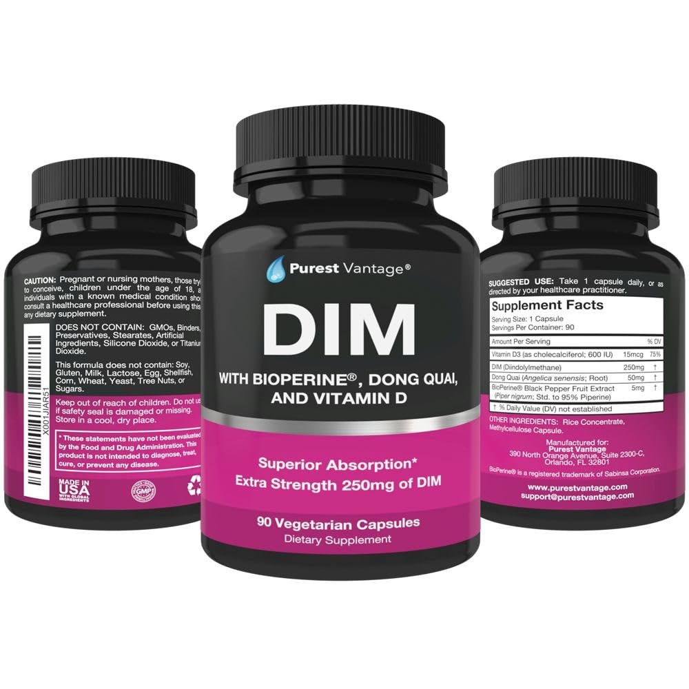 Purest vantage Pure DIM Supplement 250mg mit Diindolylmethan, BioPerin und Dong Quai – Hormonbalance für Frauen und Männer, Wechseljahre & Östrogenunterstützung – 90 vegane Kapseln