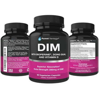 Purest vantage Pure DIM Supplement 250mg mit Diindolylmethan, BioPerin und Dong Quai – Hormonbalance für Frauen und Männer, Wechseljahre & Östrogenunterstützung – 90 vegane Kapseln