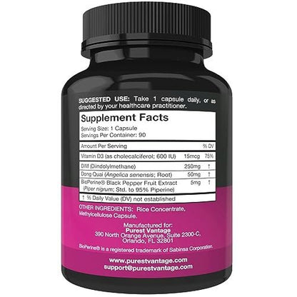 Purest vantage Pure DIM Supplement 250mg mit Diindolylmethan, BioPerin und Dong Quai – Hormonbalance für Frauen und Männer, Wechseljahre & Östrogenunterstützung – 90 vegane Kapseln