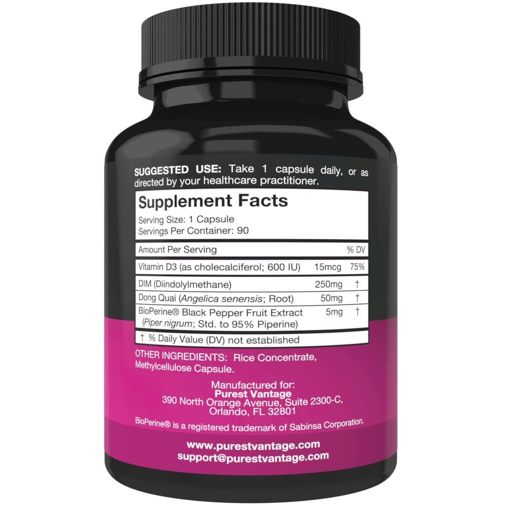 Purest vantage Pure DIM Supplement 250mg mit Diindolylmethan, BioPerin und Dong Quai – Hormonbalance für Frauen und Männer, Wechseljahre & Östrogenunterstützung – 90 vegane Kapseln