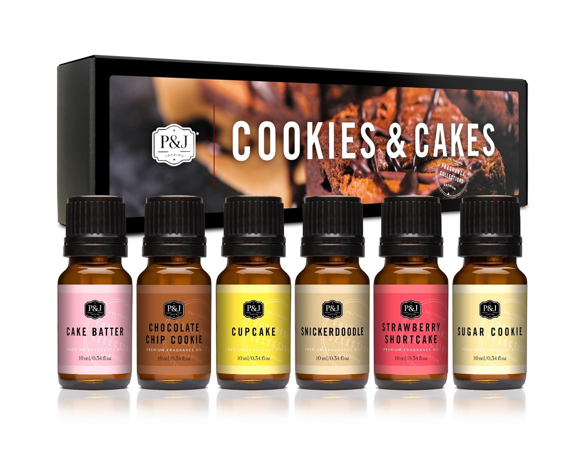 P&J Trading Duftöle für Diffuser – Kekse & Kuchen Set, 6 x 10 ml – Aromen für Zuhause, ideal für Duftlampen, Kerzen- und Seifenherstellung, Autoduft – Geschenkset mit Zuckerkeks & mehr