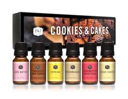 P&J Trading Duftöle für Diffuser – Kekse & Kuchen Set, 6 x 10 ml – Aromen für Zuhause, ideal für Duftlampen, Kerzen- und Seifenherstellung, Autoduft – Geschenkset mit Zuckerkeks & mehr