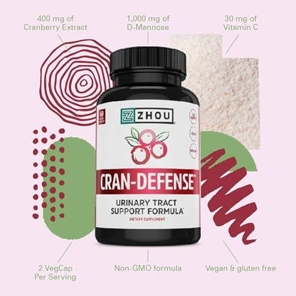 Zhou Cran-Defense – Cranberry Kapseln für Frauen & Männer, D-Mannose mit Cranberry Extrakt, 1000 mg D-Mannose pro Kapsel für die Gesundheit der Harnwege, Antioxidans-Unterstützung – 60 vegane Kapseln