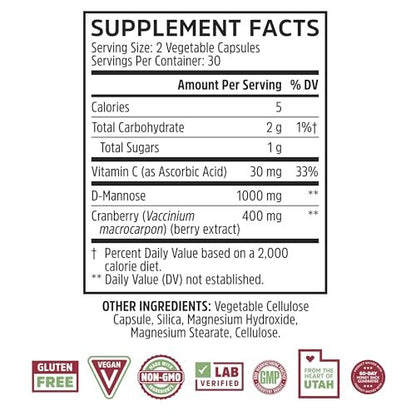 Zhou Cran-Defense – Cranberry Kapseln für Frauen & Männer, D-Mannose mit Cranberry Extrakt, 1000 mg D-Mannose pro Kapsel für die Gesundheit der Harnwege, Antioxidans-Unterstützung – 60 vegane Kapseln