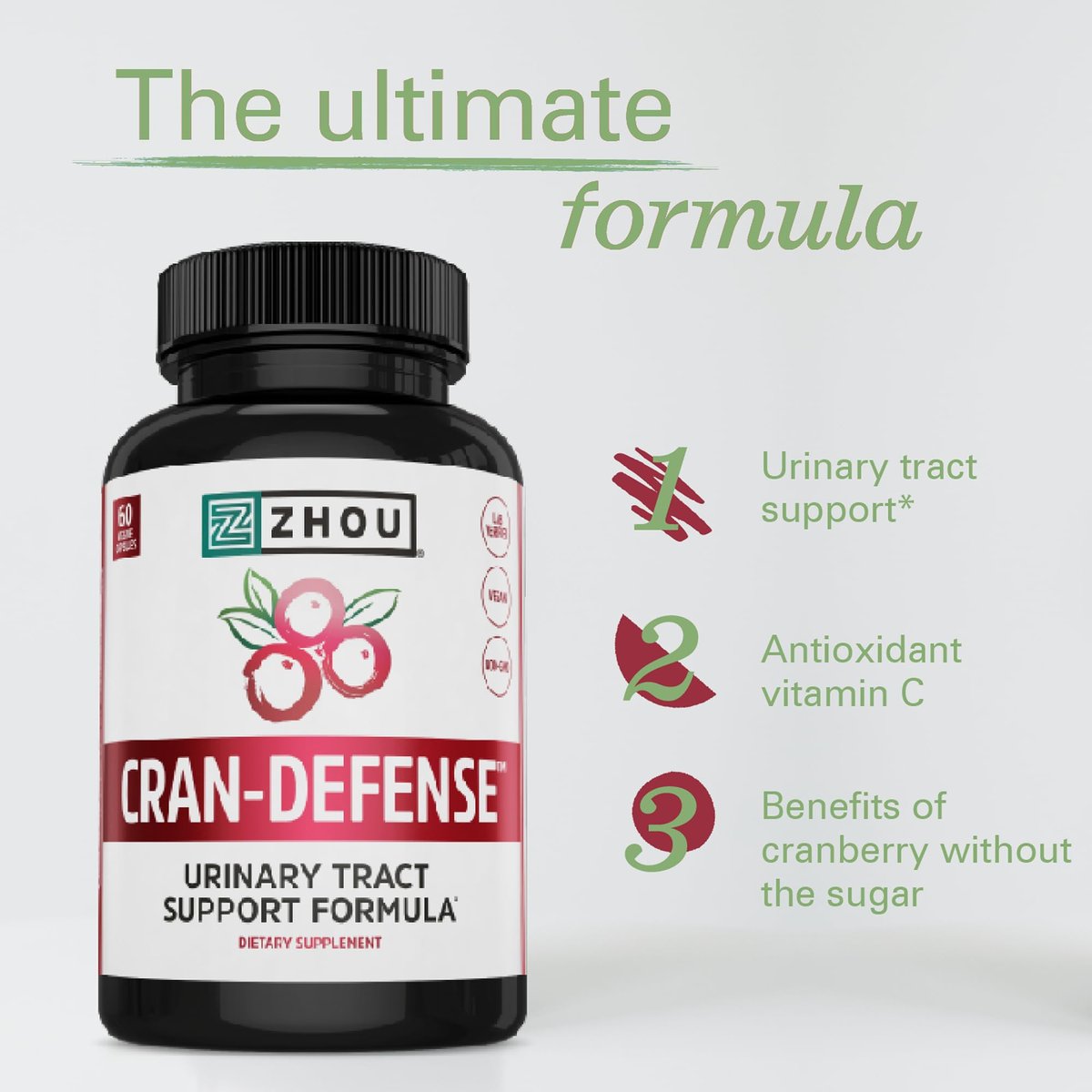 Zhou Cran-Defense – Cranberry Kapseln für Frauen & Männer, D-Mannose mit Cranberry Extrakt, 1000 mg D-Mannose pro Kapsel für die Gesundheit der Harnwege, Antioxidans-Unterstützung – 60 vegane Kapseln