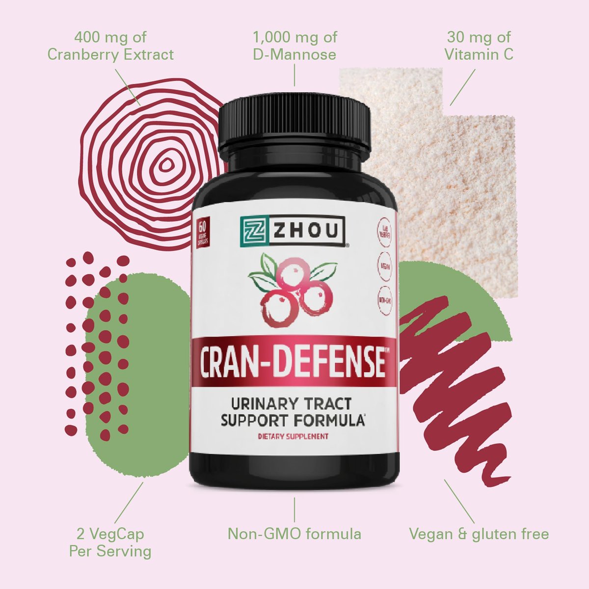 Zhou Cran-Defense – Cranberry Kapseln für Frauen & Männer, D-Mannose mit Cranberry Extrakt, 1000 mg D-Mannose pro Kapsel für die Gesundheit der Harnwege, Antioxidans-Unterstützung – 60 vegane Kapseln