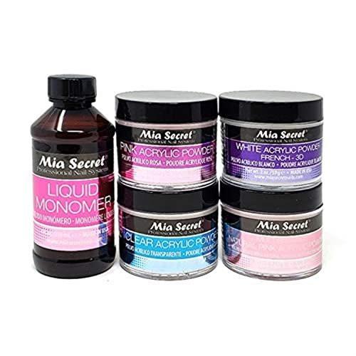 MIA SECRET 4 oz LIQUID MONOMER + Acrylic Pulver Set – Pink 2 oz, Clear 2 oz, 3D White 2 oz & Multibalance Pink 2 oz