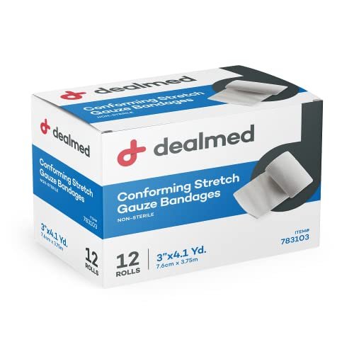 Dealmed 3 Zoll Nicht-Sterile Konformierende Dehnbare Mullbinden, 4,1 Yards Latexfreie Verbandswicklung, Medizinische Nicht-Haftende Wundversorgungsnetzverbände (Schachtel mit 12 Rollen)