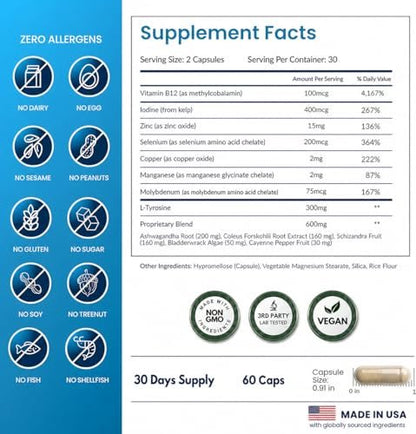 Schilddrüsenunterstützung für Frauen und Männer mit Jod - Energie, Fokus & Kraft - Natürlicher Kräuter-Mineral-Vitaminkomplex mit B12, Zink, Selen, Ashwagandha - 60 vegane Kapseln