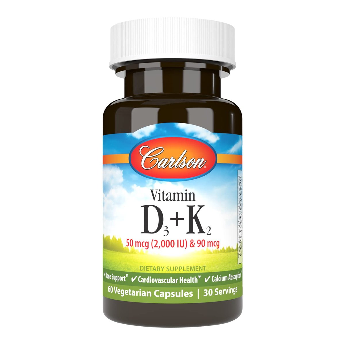 Carlson Vitamin D3 + K2 Kapseln – 50 mcg (2000 IE) Vitamin D3 & 90 mcg Vitamin K2 als MK7, Knochenunterstützung, Kalziumaufnahme, 60 Kapseln