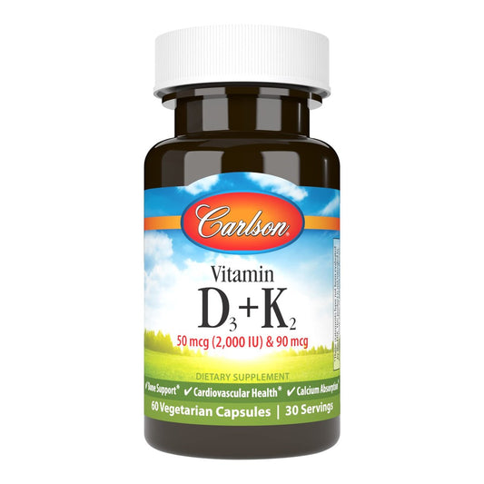 Carlson Vitamin D3 + K2 Kapseln – 50 mcg (2000 IE) Vitamin D3 & 90 mcg Vitamin K2 als MK7, Knochenunterstützung, Kalziumaufnahme, 60 Kapseln
