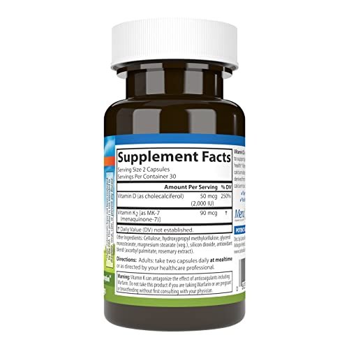 Carlson Vitamin D3 + K2 Kapseln – 50 mcg (2000 IE) Vitamin D3 & 90 mcg Vitamin K2 als MK7, Knochenunterstützung, Kalziumaufnahme, 60 Kapseln