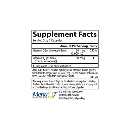 Carlson Vitamin D3 + K2 Kapseln – 50 mcg (2000 IE) Vitamin D3 & 90 mcg Vitamin K2 als MK7, Knochenunterstützung, Kalziumaufnahme, 60 Kapseln
