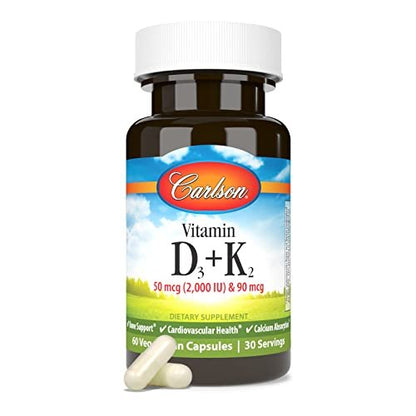 Carlson Vitamin D3 + K2 Kapseln – 50 mcg (2000 IE) Vitamin D3 & 90 mcg Vitamin K2 als MK7, Knochenunterstützung, Kalziumaufnahme, 60 Kapseln