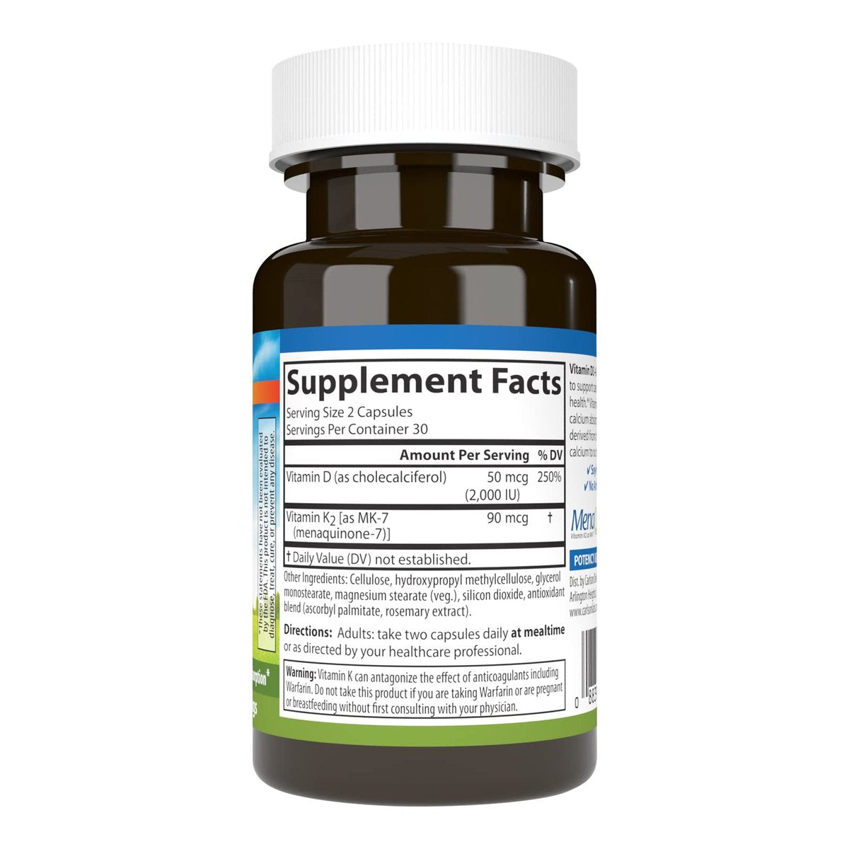Carlson Vitamin D3 + K2 Kapseln – 50 mcg (2000 IE) Vitamin D3 & 90 mcg Vitamin K2 als MK7, Knochenunterstützung, Kalziumaufnahme, 60 Kapseln