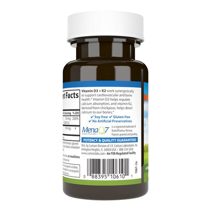 Carlson Vitamin D3 + K2 Kapseln – 50 mcg (2000 IE) Vitamin D3 & 90 mcg Vitamin K2 als MK7, Knochenunterstützung, Kalziumaufnahme, 60 Kapseln