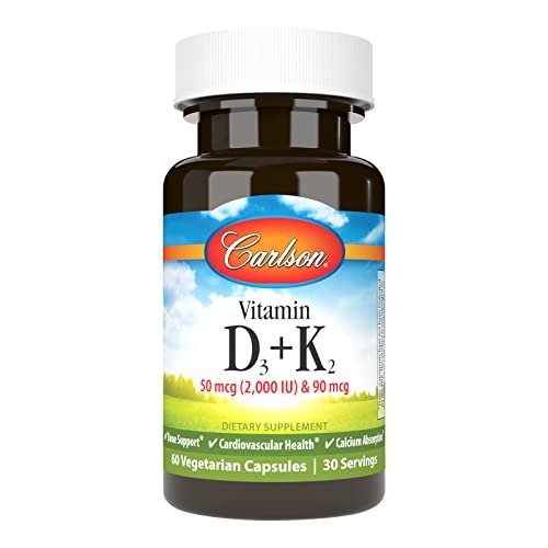Carlson Vitamin D3 + K2 Kapseln – 50 mcg (2000 IE) Vitamin D3 & 90 mcg Vitamin K2 als MK7, Knochenunterstützung, Kalziumaufnahme, 60 Kapseln