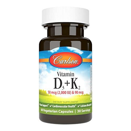 Carlson Vitamin D3 + K2 Kapseln – 50 mcg (2000 IE) Vitamin D3 & 90 mcg Vitamin K2 als MK7, Knochenunterstützung, Kalziumaufnahme, 60 Kapseln