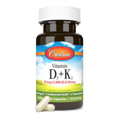 Carlson Vitamin D3 + K2 Kapseln – 50 mcg (2000 IE) Vitamin D3 & 90 mcg Vitamin K2 als MK7, Knochenunterstützung, Kalziumaufnahme, 60 Kapseln