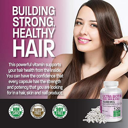 Bronson Ultra Biotin 10.000 mcg – Haar, Haut & Nägel Nahrungsergänzung, Nicht-GVO, 120 Kapseln