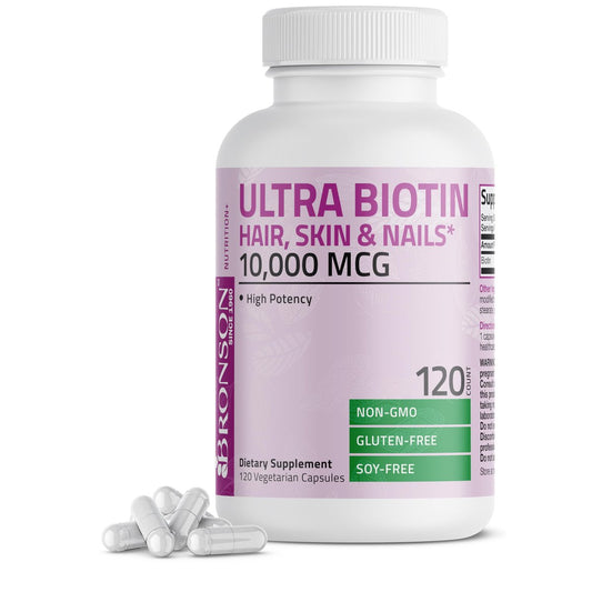Bronson Ultra Biotin 10.000 mcg – Haar, Haut & Nägel Nahrungsergänzung, Nicht-GVO, 120 Kapseln