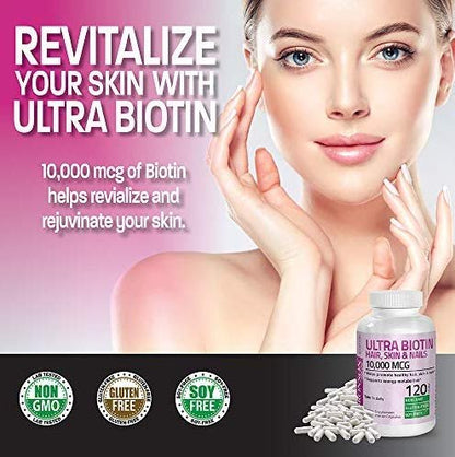 Bronson Ultra Biotin 10.000 mcg – Haar, Haut & Nägel Nahrungsergänzung, Nicht-GVO, 120 Kapseln