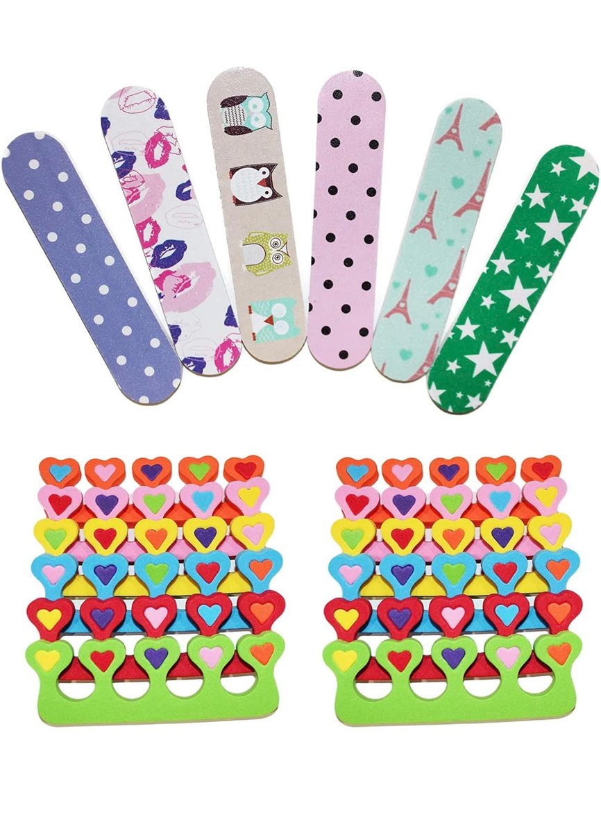 ZMOI 6 Mini Nagelfeilen und 6 Paar Herz-Zehenspreizer – Maniküre-Pediküre-Set für Kinder-Spa-Partys (12-teilig)