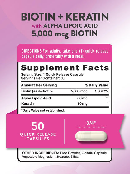 Nature's Truth Biotin 5000 mcg mit Keratin und Alpha-Liponsäure | 50 Kapseln | Nicht-GVO & Glutenfrei