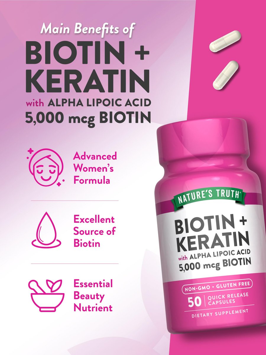 Nature's Truth Biotin 5000 mcg mit Keratin und Alpha-Liponsäure | 50 Kapseln | Nicht-GVO & Glutenfrei