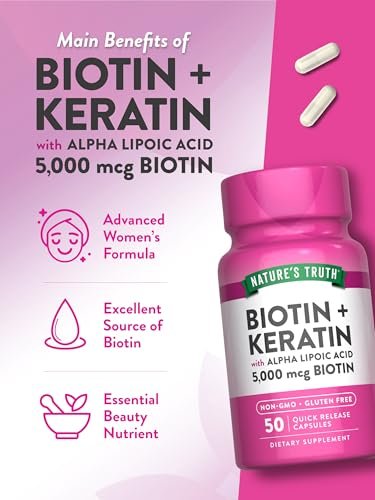 Nature's Truth Biotin 5000 mcg mit Keratin und Alpha-Liponsäure | 50 Kapseln | Nicht-GVO & Glutenfrei